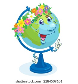 School globe in a flower wreath. Model of Earth with a funny face, hands and emotions. In cartoon style. Isolated on white background. Vector illustration. Happy Earth Day