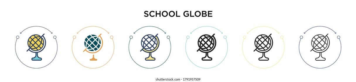 Icono del globo de la escuela en estilo relleno, delgado, contorno y trazo. Ilustración vectorial de dos diseños de iconos vectoriales de escuelas negras y de colores para móviles, ui, web