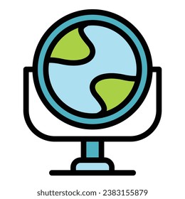 Schulglobe-Symbol, Umriss-Vektorgrafik. Weltreisen. Globale Farbpalette erstellen