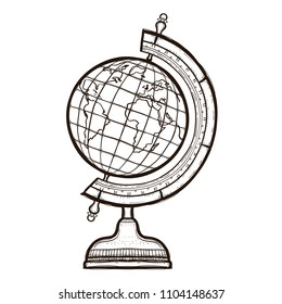 School globe isolated. Retro elementary school Concept. Hand drawn illustration equipment for continuing education. College supplies. Coloring book for adults