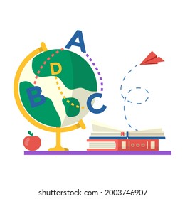Ámbito escolar con letras y libro abierto, icono aislado en fondo blanco. Ilustración plana vectorial. De vuelta al concepto escolar.