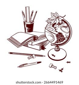 School globe with maple leaf, books, pencil, pen, pushpins and paper clips. Hand drawn simple vector stationery clip art for Back to School and Teachers Day banners.