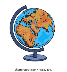 School globe. Model of Earth.Geography icon. Hand drawn vector illustration in sketch style.