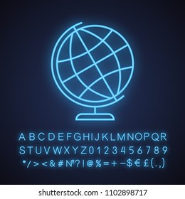 School globe neon light icon. Earth spherical model. Glowing sign with alphabet, numbers and symbols. Vector isolated illustration