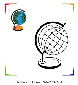 school Globe on stand Coloring Page. Vector Educational worksheet colored by sample. Paint game. Elements for coloring book, page, printing, design illustrations in the style of outline for kids.