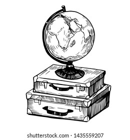 School globe on vintage suitcases. Hand drawn illustration converted to vector