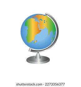 School globe semi flat RGB color vector illustration. Classroom earth model on stand. Sphere map of continent and ocean. Geography learning tool isolated cartoon object on white background
