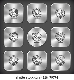 School globe set. Vector round and square steel buttons.