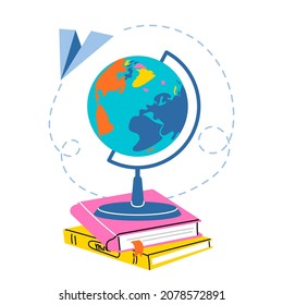 School globe with a stack of books. Education concept. Hand drawn illustration in cartoon style. Vector on white background