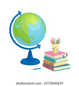 School globe and stack of books. Isolated on white background. Vector flat illustration