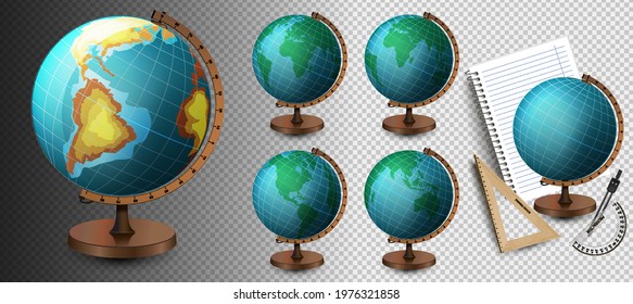 School globe, vector. Vector Realistic 3d Globe of Planet Earth with Map of World Icon Closeup Isolated on White Background. Design Template of School Globe on Table, Model of Earth for Graphics