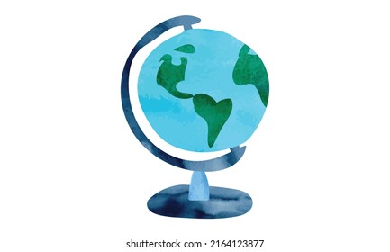 School globe watercolor style vector illustration isolated on white background. Blue and green terrestrial globe watercolor drawing. Watercolor school globe hand draw clipart