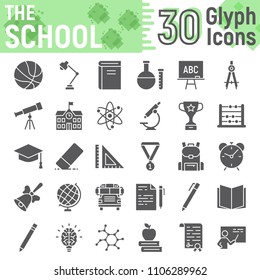 School glyph icon set, education symbols collection, vector sketches, logo illustrations, learning signs solid pictograms package isolated on white background, eps 10.