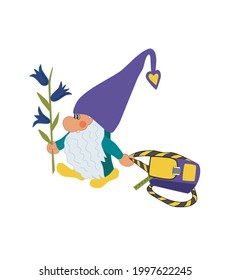 A school gnome with a backpack and a bouquet of flowers. Funny vector illustration for school, college on the Day of Knowledge.