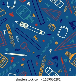 School goods vector illustration contours seamless pattern hand drawing rulers pens pencils buttons paper clips