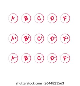 School Grade Marks Vector Set – A+ to F Handwritten Red Circle Icons for Education.