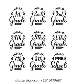 School Grade Squad Set. First day of school bundle. 1st, 2nd, 3rd, 4st, 5st, 6st, 7th, 8th, Pre-school.  Vector template for typography poster, banner, shirt, etc.