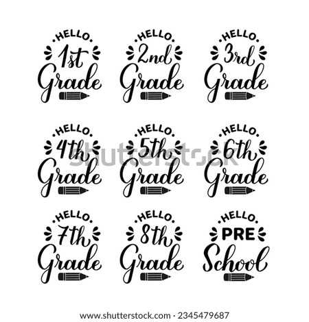School Grade Squad Set. First day of school bundle. 1st, 2nd, 3rd, 4st, 5st, 6st, 7th, 8th, Pre-school.  Vector template for typography poster, banner, shirt, etc.