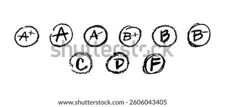 School grades (A to F) drawn with black crayon, chalk or pastel texture on blackboard. Hand-drawn red marks in rough circles, resembling teacher's grading on student assignments. Vector illustration.