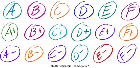 School Grades Plus Minus from A to F Crayon Chalk Drawing Vector Set