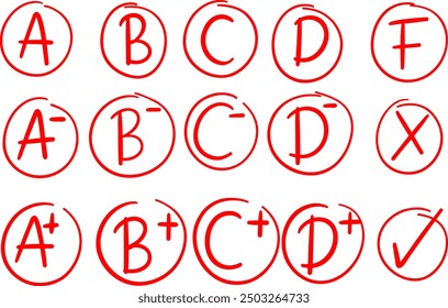 School grades red doodle set, hand drawn notes, isolated