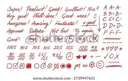 School grading doodle set with red score marks and handwritten comments for classroom worksheet, teacher exam feedback. Hand drawn script pass and fail symbols, checklist graphics isolated vector set.