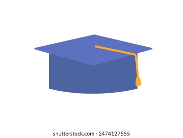 School graduate hat, blue mortarboard cap with tassel for head of student vector illustration