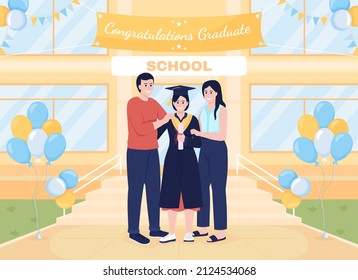 Ilustración vectorial de color plano de los egresados de la escuela y los padres. Familia de dibujos animados simples en 2D felicitando con decorado patio de escuela sobre el fondo. 