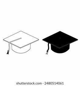 gorra de graduación de la escuela en blanco y negro sobre fondo blanco diseño de Ilustración vectorial. gorra de graduación silueta logotipo de Ilustración vectorial icono