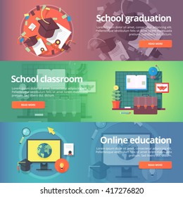 School graduation. Cap and gown. Online education. Education and science banners set. Vector design concept.