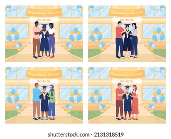 School Graduation Ceremony Flat Color Vector Illustration Set. 2D Simple Cartoon Pack Family With Decorated School Yard On Background. Dancing Script, Archivo Black Regular Fonts Used