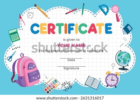 School graduation certificate template clipart. Kindergarten educational award certificate clip art for graduate appreciation achievement editable diploma vector illustration.   
