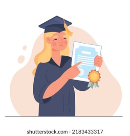 School graduation concept. Blonde with diploma in her hands shows certificate of completion of online courses. education, training and learning, successful student. Cartoon flat vector illustration