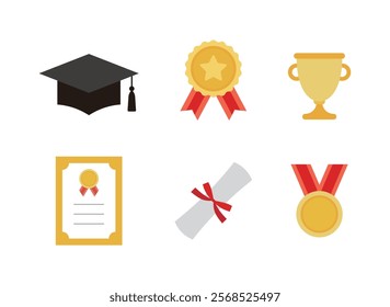 School graduation concept icon set. Graduation cap, certificate, diploma, badge, medal, trophy.