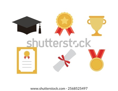 School graduation concept icon set. Graduation cap, certificate, diploma, badge, medal, trophy.