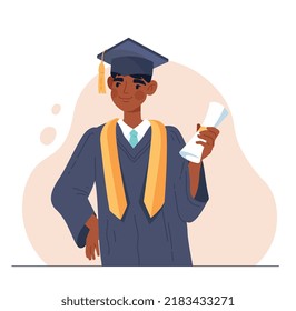 School graduation concept. Young guy shows folded certificate confirming successful passage of institute and university. Sticker for social networks, online learning. Cartoon flat vector illustration