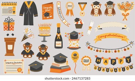 School graduation elements set. Congratulatory messages, greeting card, cake, champagne, graduation teddy bear, graduation owl. Hand drawn vector illustrations.