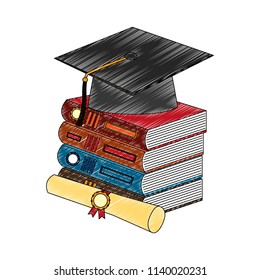 school graduation hat pile books and diploma