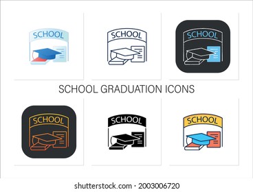 School graduation icons set. Successful training completion. School books and graduate hat. Graduation concept.Collection of icons in linear, filled, color styles.Isolated vector illustrations
