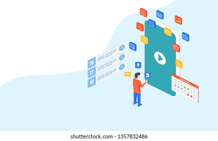 School graduation. Isometric online teaching. Isometric landing page. Online education, internet studying. Education, knowledge concept. Children school vector background. Isometric people