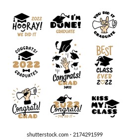 School Graduation Labels. Congrats 2022 Academic Symbols, Congratulations Graduated School, College, University. Retro Typography Education Tidy Vector Badges