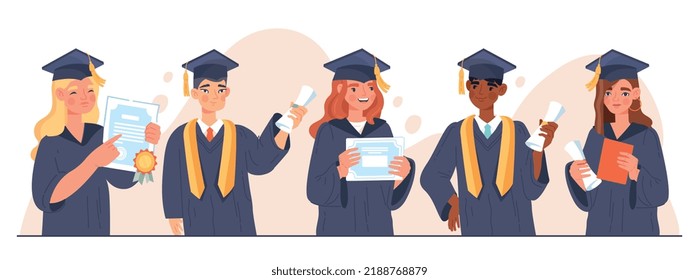 School graduation set. Collection of graduates with diplomas and certificates. Adolescents have successfully completed their studies at institute or university. Cartoon flat vector illustration