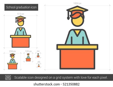 School graduation vector line icon isolated on white background. School graduation line icon for infographic, website or app. Scalable icon designed on a grid system.