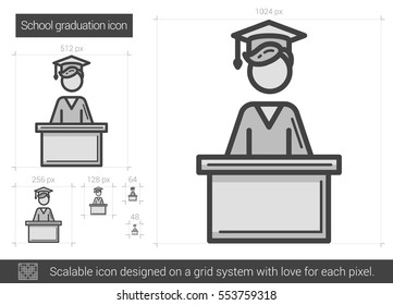 School graduation vector line icon isolated on white background. School graduation line icon for infographic, website or app. Scalable icon designed on a grid system.