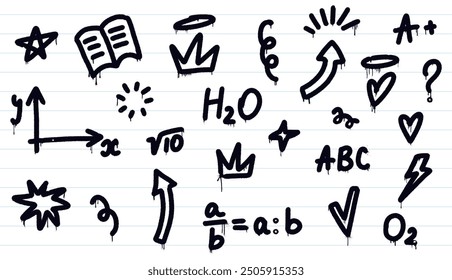 School graffiti set. Trendy Y2K urban street style on a lined notebook paper. Educational symbols. Splash effects and drops. Grunge and spray texture. Perfect for back-to-school and youth branding.