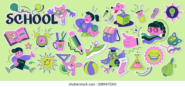 School graphic stickers. Abstract science college and elementary school badges with kids and science elements. Vector doodle emblems set