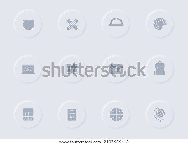 school gray vector icons on round rubber\
buttons. school icon set for web, mobile apps, ui design and promo\
business polygraphy