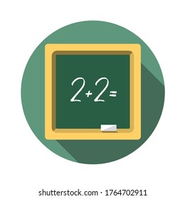 School green blackboard with the inscription two plus two. School subject arithmetic math. Vector flat color icon with long shadow. Isolated on a white background.