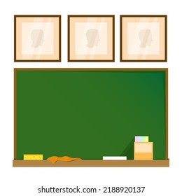 School green board with chalk and rulers and portraits from above