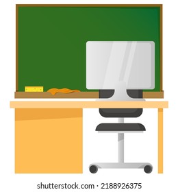 School green board with chalk and table in front of chair and computer